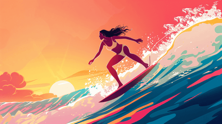 创意正在冲浪的女性夏天夏季游泳插画4