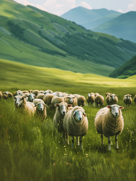 创意绿色草地上的一群羊站在羊群旁边草原畜牧业