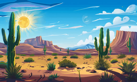 夏天夏季炎热酷暑卡通背景沙漠景观与仙人掌