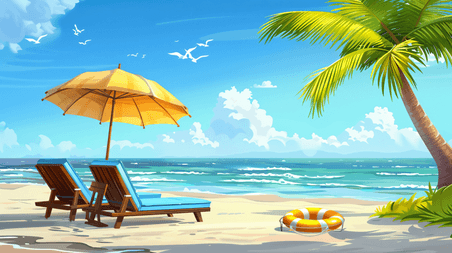 创意海边夏天夏季沙滩遮阳伞躺椅大海夕阳旅游21