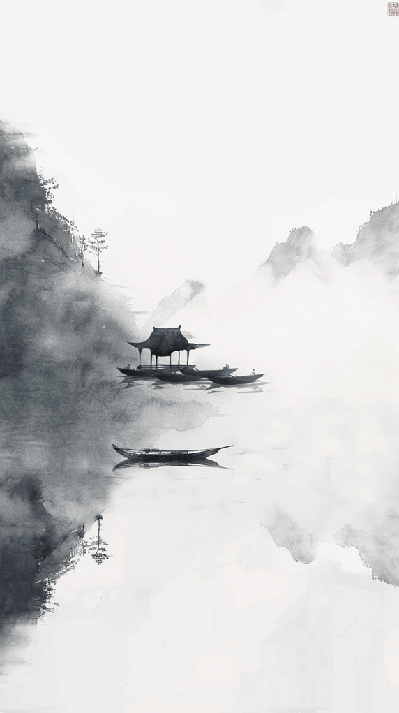 创意中国风古风水墨山水庭院湖泊背景