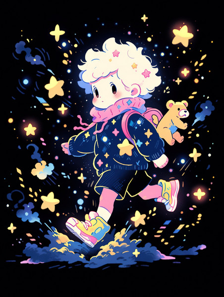 梦幻儿童节浪漫创意可爱的小男孩追逐星星矢量奔跑追逐插画
