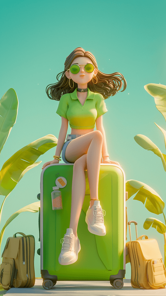 创意潮流时尚可爱3d多巴胺女孩夏天出游季背景