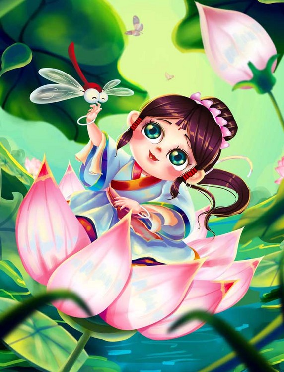 夏天可爱古装卡通插画