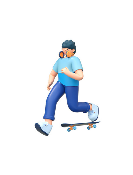 C4D人物运动男孩戴耳机滑板男孩