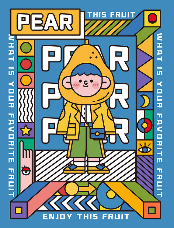 撞色孟菲斯描边插画水果雪梨拟人插画