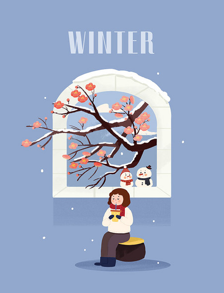 四季风景窗户开花之冬天竖图