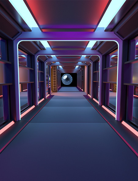 3D太空宇宙赛博朋克空间站隧道背景