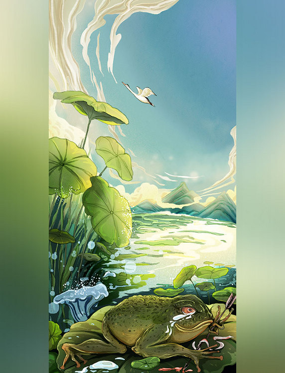 国潮成语故事插画夏天夏季荷叶