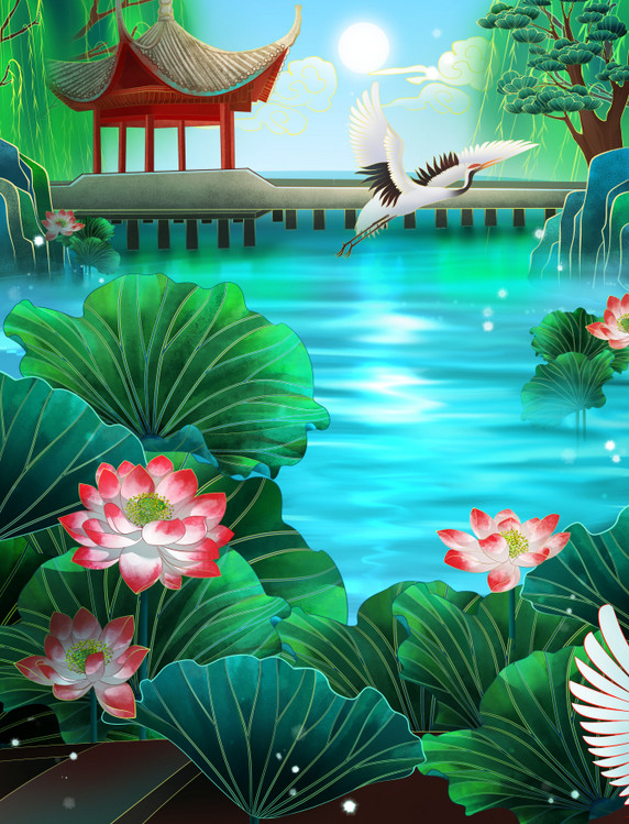 国潮风夏天夏季夏至荷塘风景