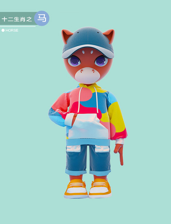 3D创意国潮风十二生肖卡通IP马形象