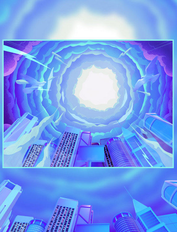 酷炫城市天空环绕云插画场景