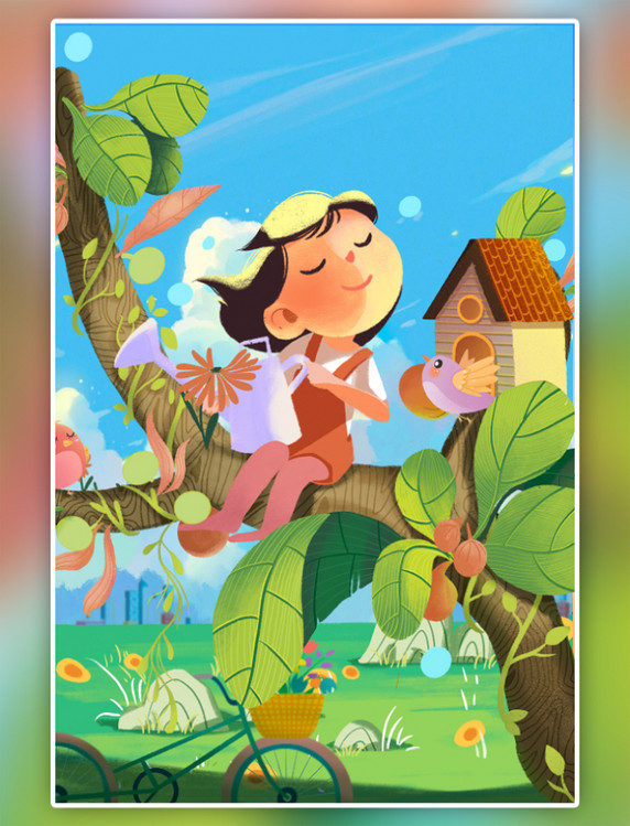 低碳生活坐在树上的女孩清新插画