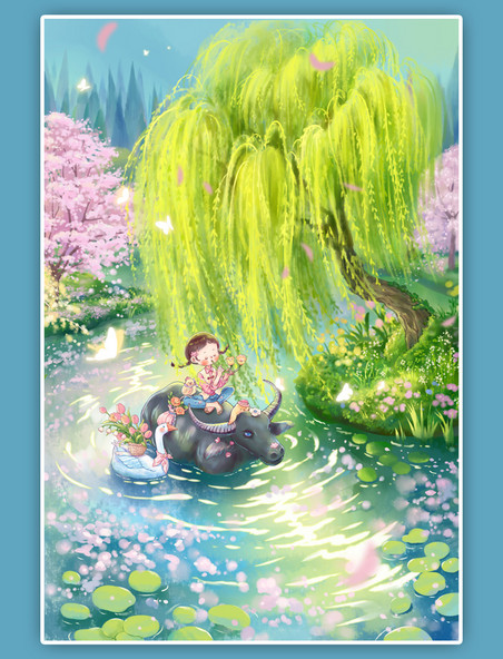 清明节清明春天小女孩骑牛过河插画植物花卉