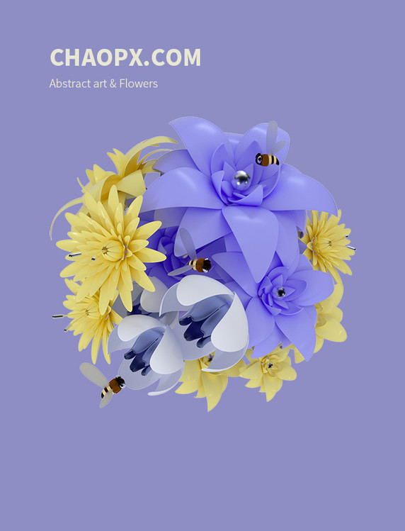 3D立体概念仿真花束花环花球紫黄