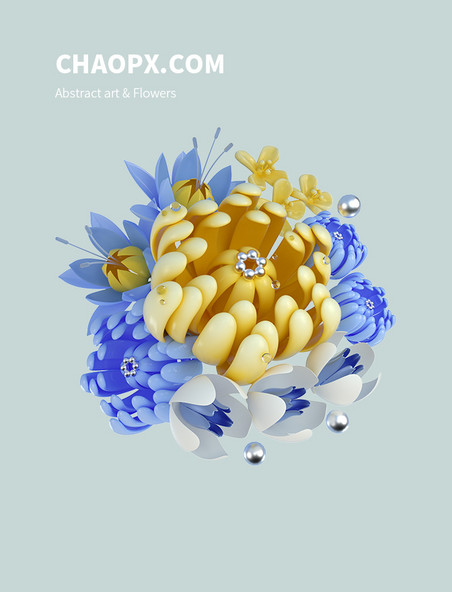 3D立体概念仿真花束花环花球黄蓝