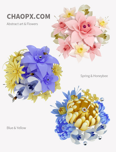 3D立体概念仿真花束花环花球合集