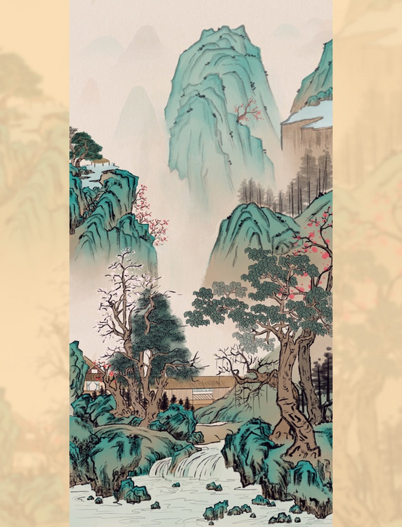 国画春日景色青绿中国水墨山水画