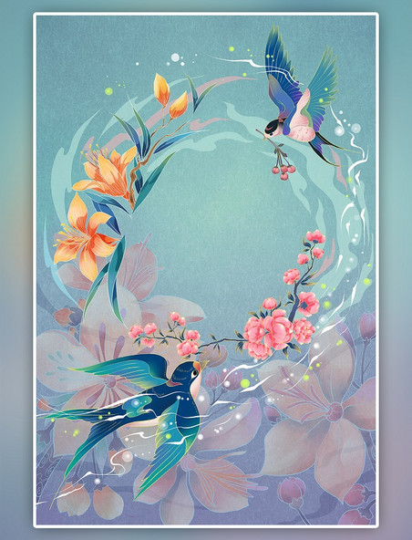 春天春季喜鹊花开燕子手绘插画背景素材花朵叶子