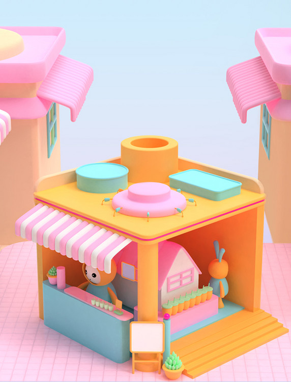 3D立体黏土风商店店铺商铺甜点街景展台背景