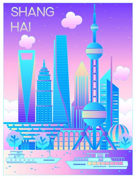 上海城市建筑群渐变矢量插画