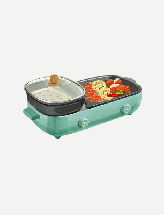 手绘水彩厨房锅具熬粥煎炸两用电器