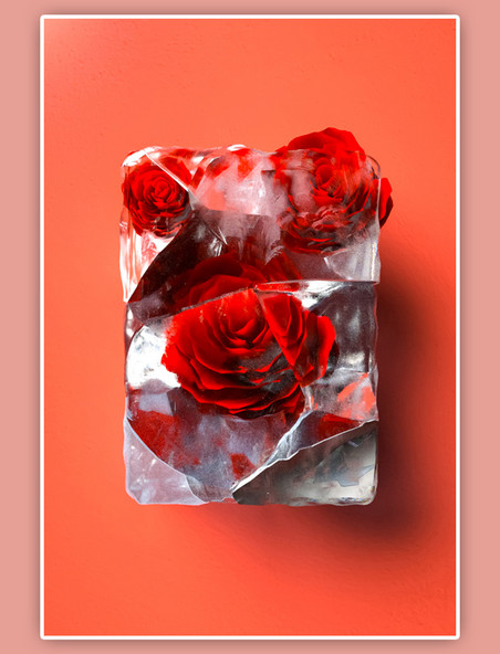 立体破碎冻结冰块红色C4D玫瑰花草模型