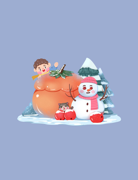 大寒大雪冬季雪景冬景堆雪人滚雪球山楂柿子