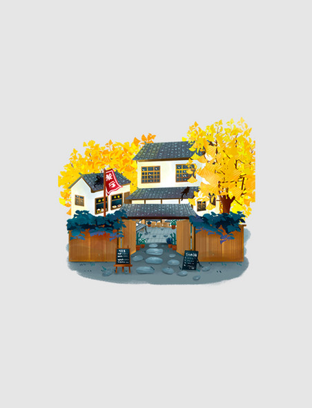 水彩手绘建筑餐厅店铺街角街景