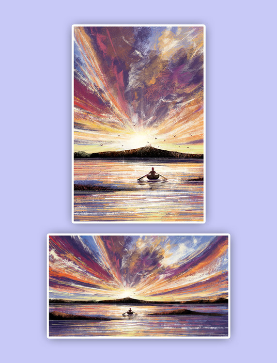 治愈唯美星空天空夕阳山划船海风景背景