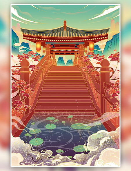 中国风国潮建筑风景手绘亭子山水植物插画