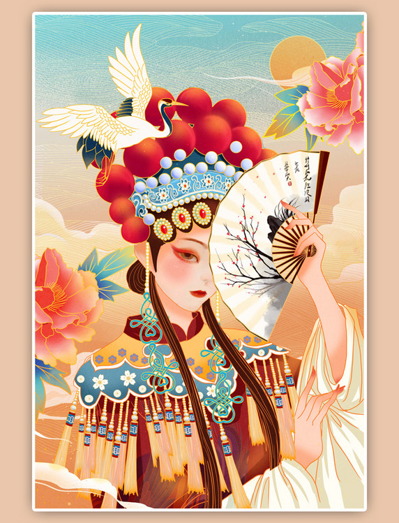 国潮中国风唯美古风京剧戏曲花旦美女插画