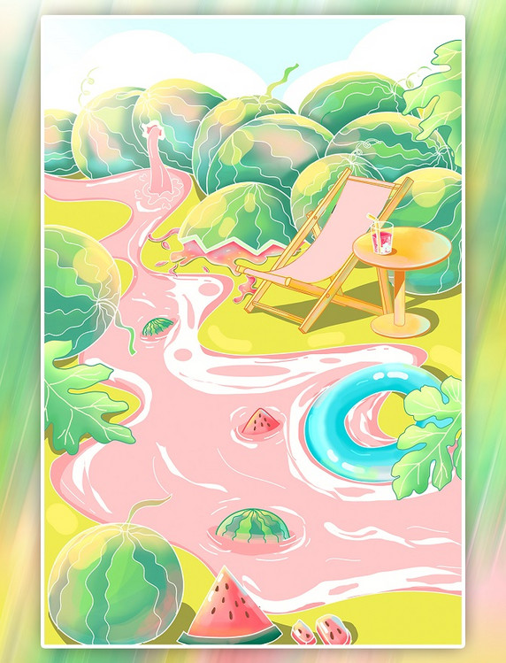 创意夏日冰镇西瓜夏天三伏天入伏初伏手绘插画海报背景