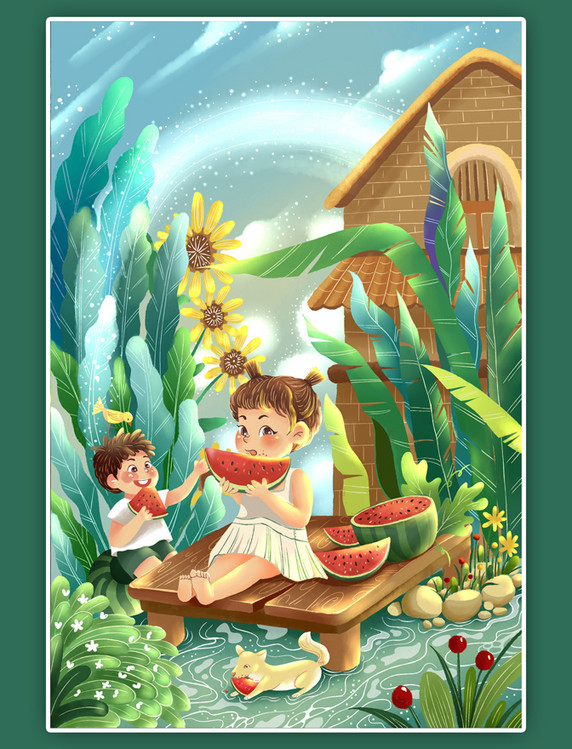 夏天小暑院子儿童吃西瓜清新手绘插画