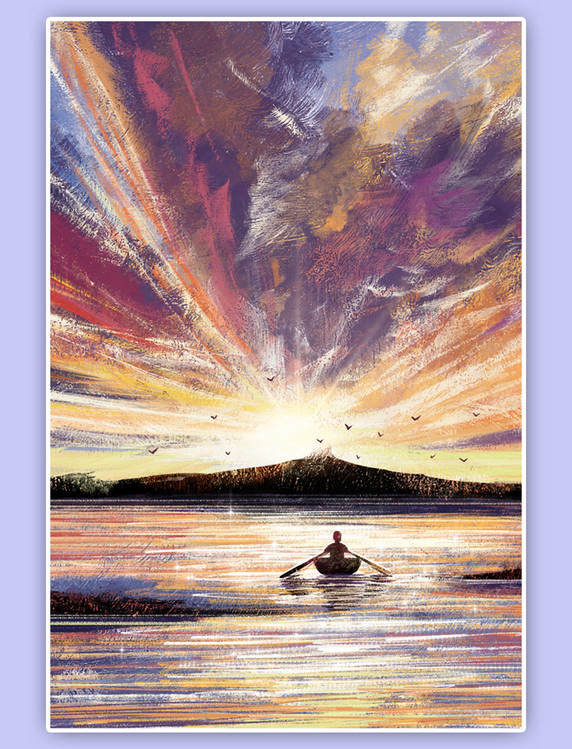 治愈唯美星空天空夕阳山划船海风景背景