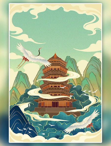 国潮风楼阁中国风建筑古风手绘插画海报