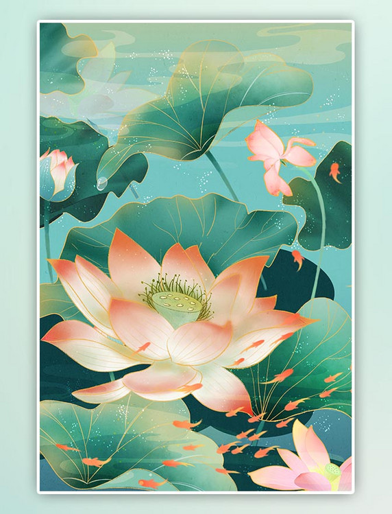 绿色夏季国潮中国风二十四节气立夏荷花描金插画