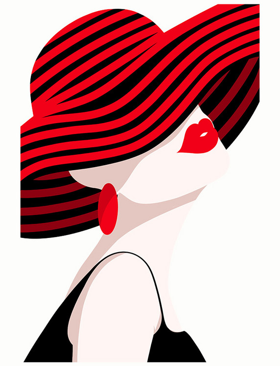 时尚三八红黑优雅妇女节戴帽子女性