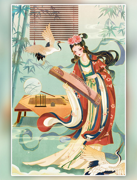 国潮唐朝大唐古风中国风仕女抚琴古筝美女手绘插画任务海报背景