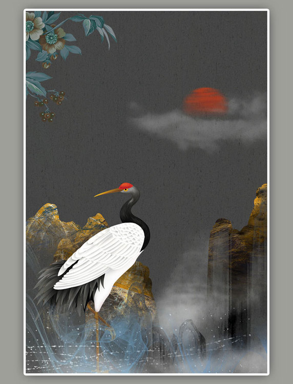 黑色新中式仙鹤远山落日背景