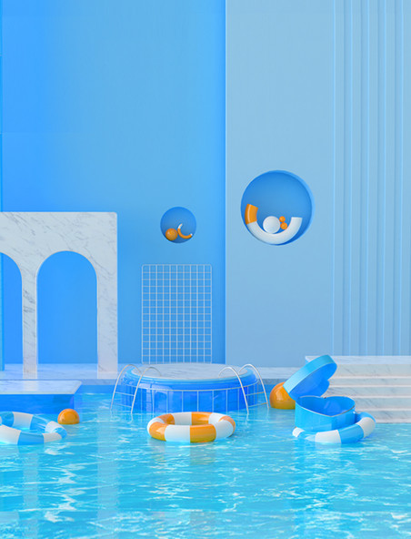 3D立体夏日泳池电商背景展台蓝色背景