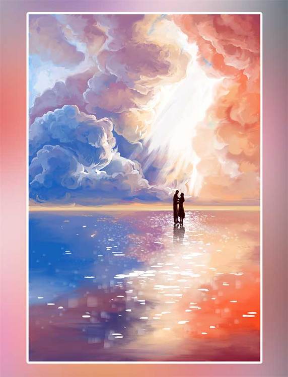 情人节梦幻天空下海边相拥的情侣手绘插画5
