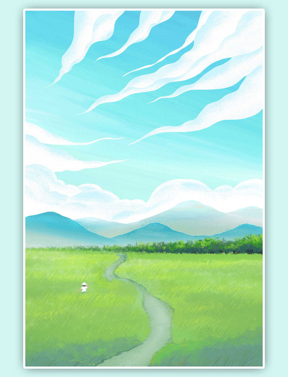 夏天唯美治愈风景天空蓝天云草地山插画背景