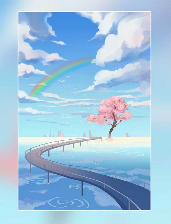 夏天海天空蓝天云樱花彩虹风景背景插画