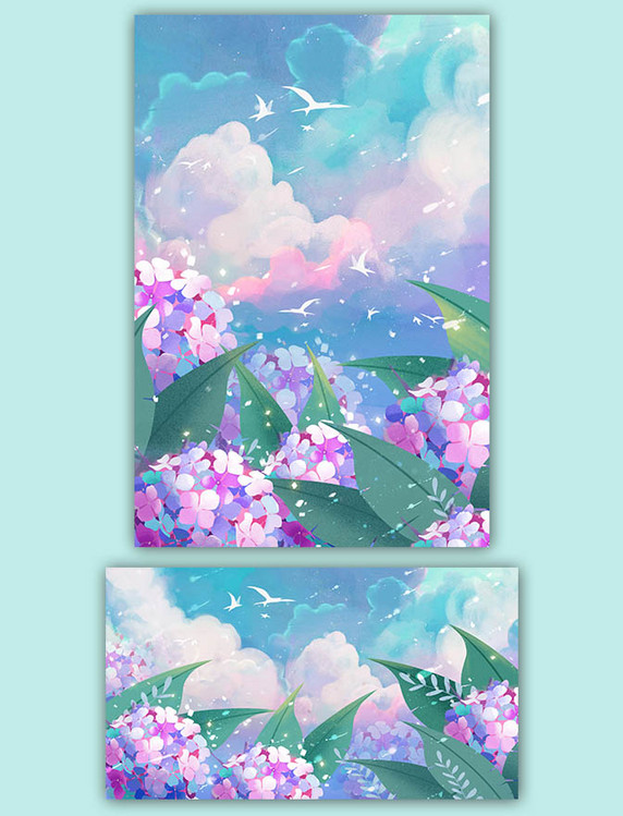 治愈系唯美梦幻花海绣球花天空云彩云朵插画
