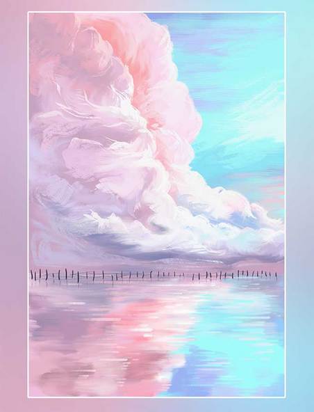 海边多云的天空云美景大海手绘插画背景
