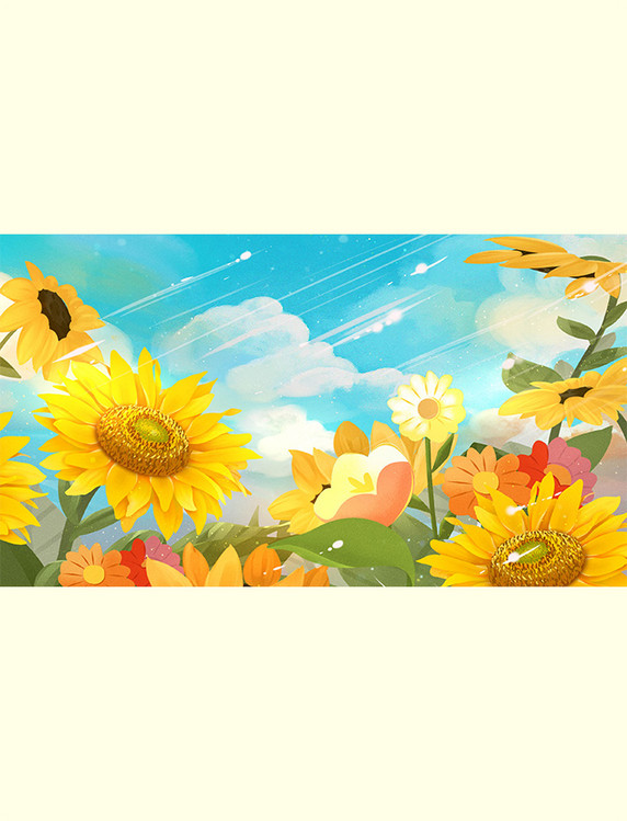 黄色春天唯美治愈向日葵花海天空插画