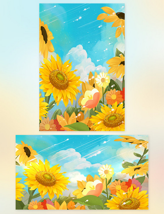 黄色春天唯美治愈向日葵花海天空插画