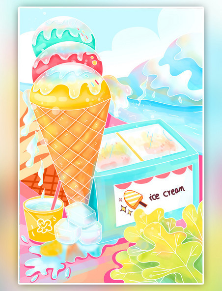 卡通缤纷夏日冰淇淋雪糕冰块夏天大暑
