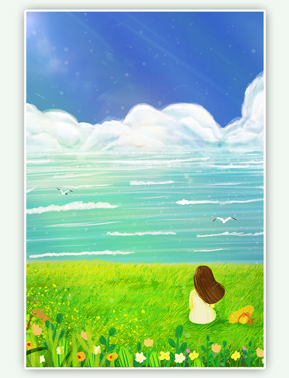 二十四节气立夏夏天海海鸥天空风景云草地插画背景